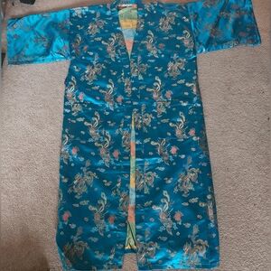 Vintage Tang Yi Large Mens Turquoise Dragon Kimono Robe With Pockets. 26ptp